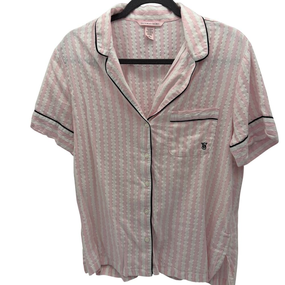 Victoria Secrets pink Ionic Pink Shiny Silver white stripped Pajama Top Size M